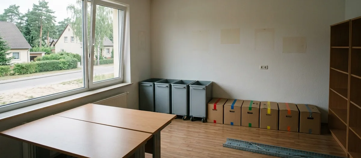 Rollcontainer und farbig markierte Kartons stehen aufgereiht in einem geräumten Büro vor leeren Schreibtischen