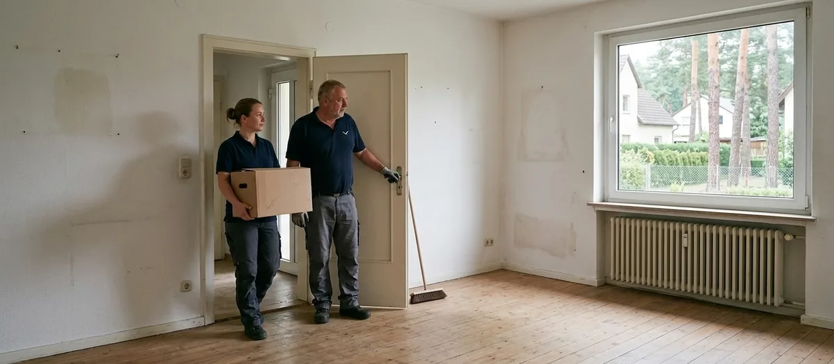Leergeräumtes Wohnzimmer mit gefegtem Dielenboden, in der offenen Tür stehen zwei Umzugshelfer mit dem letzten Karton