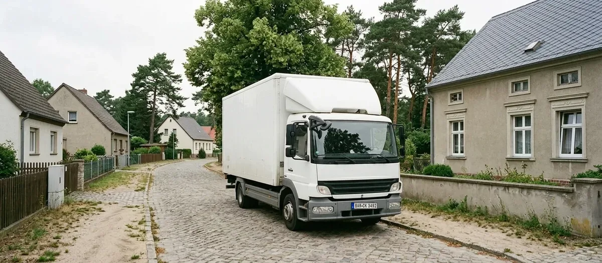 Ein Umzugswagen steht auf einer gepflasterten Dorfstraße vor einem Haus mit Gründerzeitfassade im Ortsteil Schwanebeck