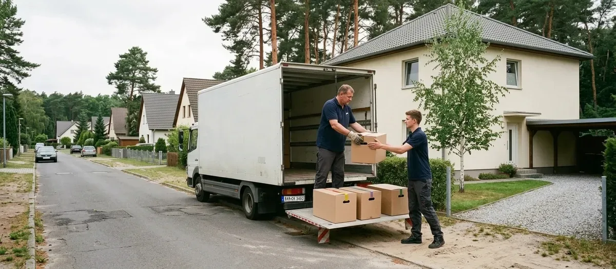 Zwei Umzugshelfer in Arbeitskleidung reichen mit Klebeband markierte Umzugskartons über eine Ladeklappe in einen Transporter